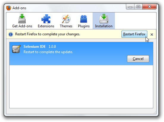 After Firefox reboots you will find the Selenium-IDE listed under the Firefox Tools menu.